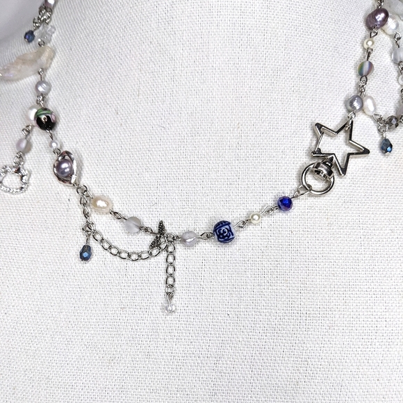 Star necklace with blue beads chain and charms. Handmade by me. - Picture 5 of 7